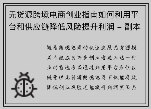 无货源跨境电商创业指南如何利用平台和供应链降低风险提升利润 - 副本