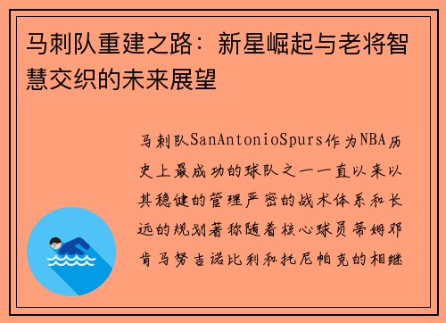 马刺队重建之路：新星崛起与老将智慧交织的未来展望