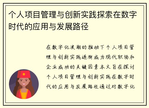 个人项目管理与创新实践探索在数字时代的应用与发展路径
